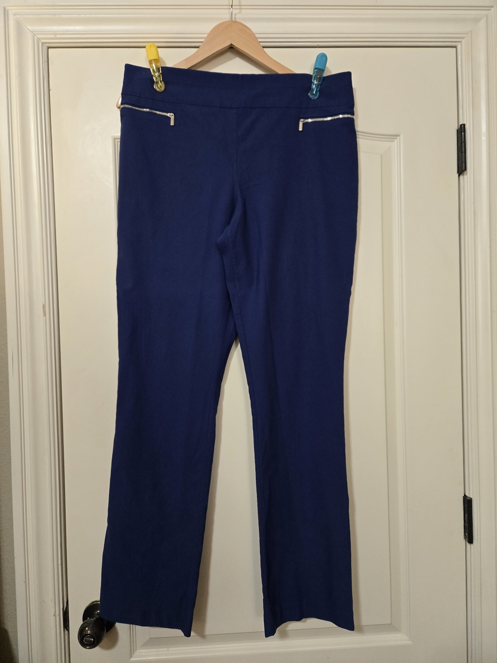 Classic Navy Straight-Leg Ponte Pants with Silver Zip Accents
